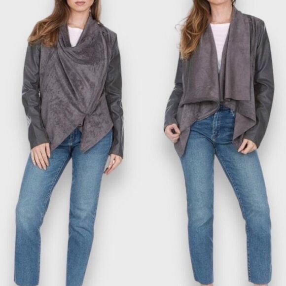 Blank NYC Grey Faux Leather Asymmetrical Zipper Cropped Jacket Medium - Picture 1 of 14